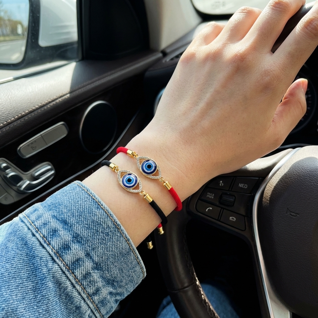 Image of 2pcs Set Turkish Evil Eye Bracelet Inlaid With Rhinestones Alloy Oil Drawstring Bracelet Adjustable Eye Bracelet, Suitable For Mother's Day Gifts, , Graduation Season Wear