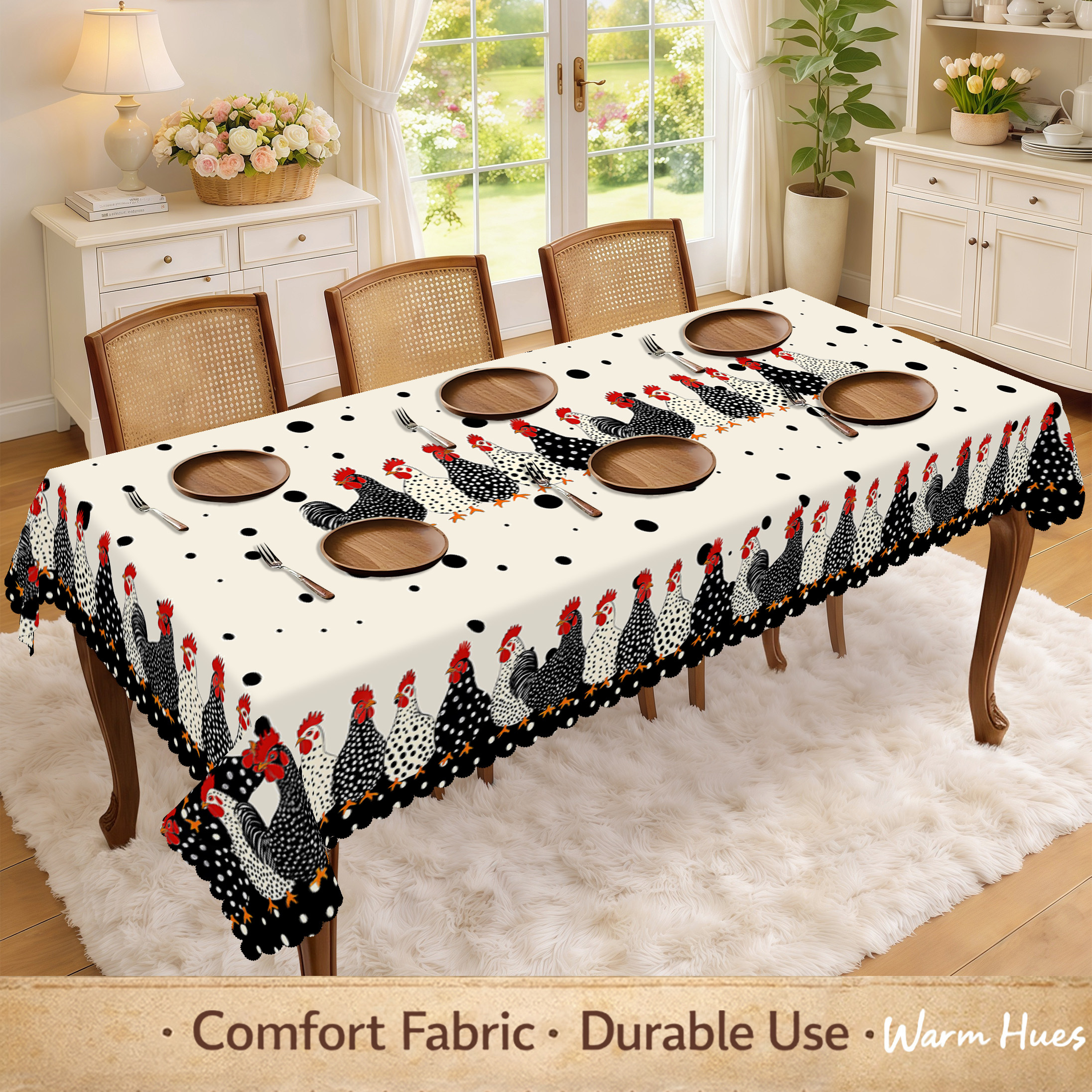 TEMU 1pc, Farmhouse Polka Tablecloth, Black And Beige Polka-dot , Gift For Rooster Lovers, Perfect For Home Kitchen, Dining Room, Patio, Home Decor,