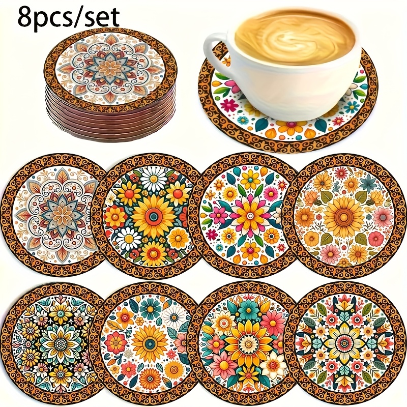 TEMU 8pcs Mandala Coaster Set - Wood Drink Coasters Suitable For, Table Protectors With Mandala Patterns, Scratch-resistant Protectors, Wood Coasters
