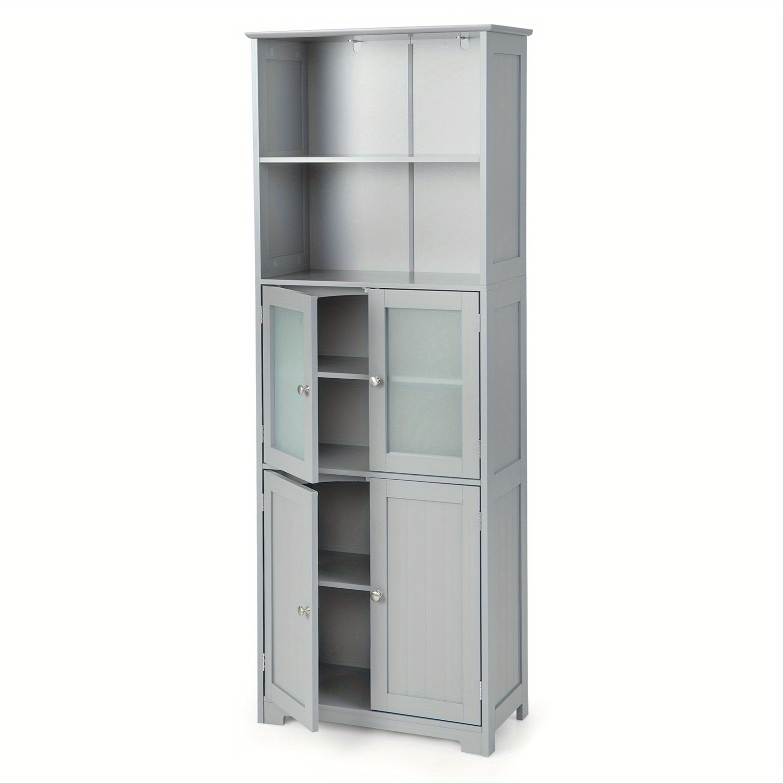 Bathroom Storage Cabinet, Freestanding Kitchen Pantry Cupboard W/ 2 Cabinets, 2 Open Compartments & Adjustable Shelves, Floor Storage Organizer W/ Glass Doors For Home Office