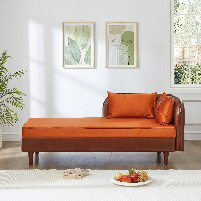 65-Inch Storage Chaise Lounge Sofa in Brown PU And Orange Velvet