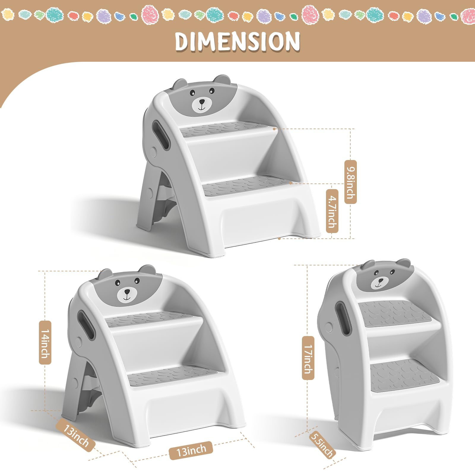 Toddler Step Stool, Foldable 2-Step Kids Stool with Non-Slip Design And Handle, Multipurpose Step Stool for Bathroom Sink, Kitchen, Bedroom, Counter