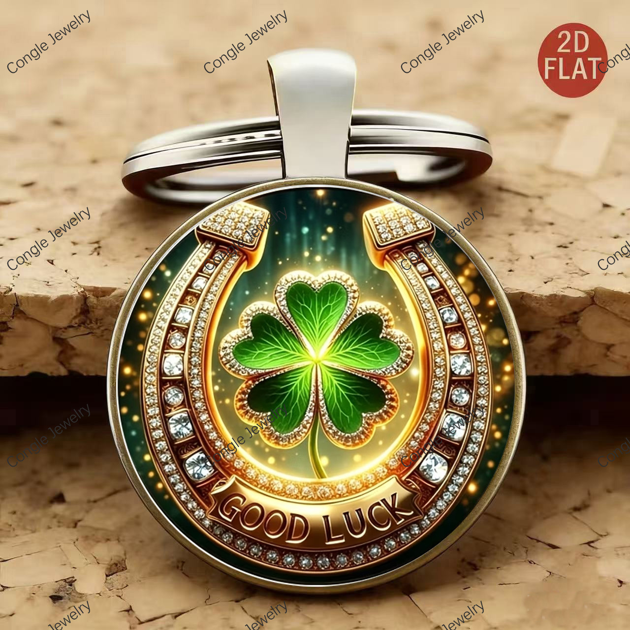 TEMU 2d Flat 1pc Luxurious Good Luck Horseshoe Clover Keychain "good Lu" Pattern Circular Keychain, Suitable For Backpack Pendants, Wallet