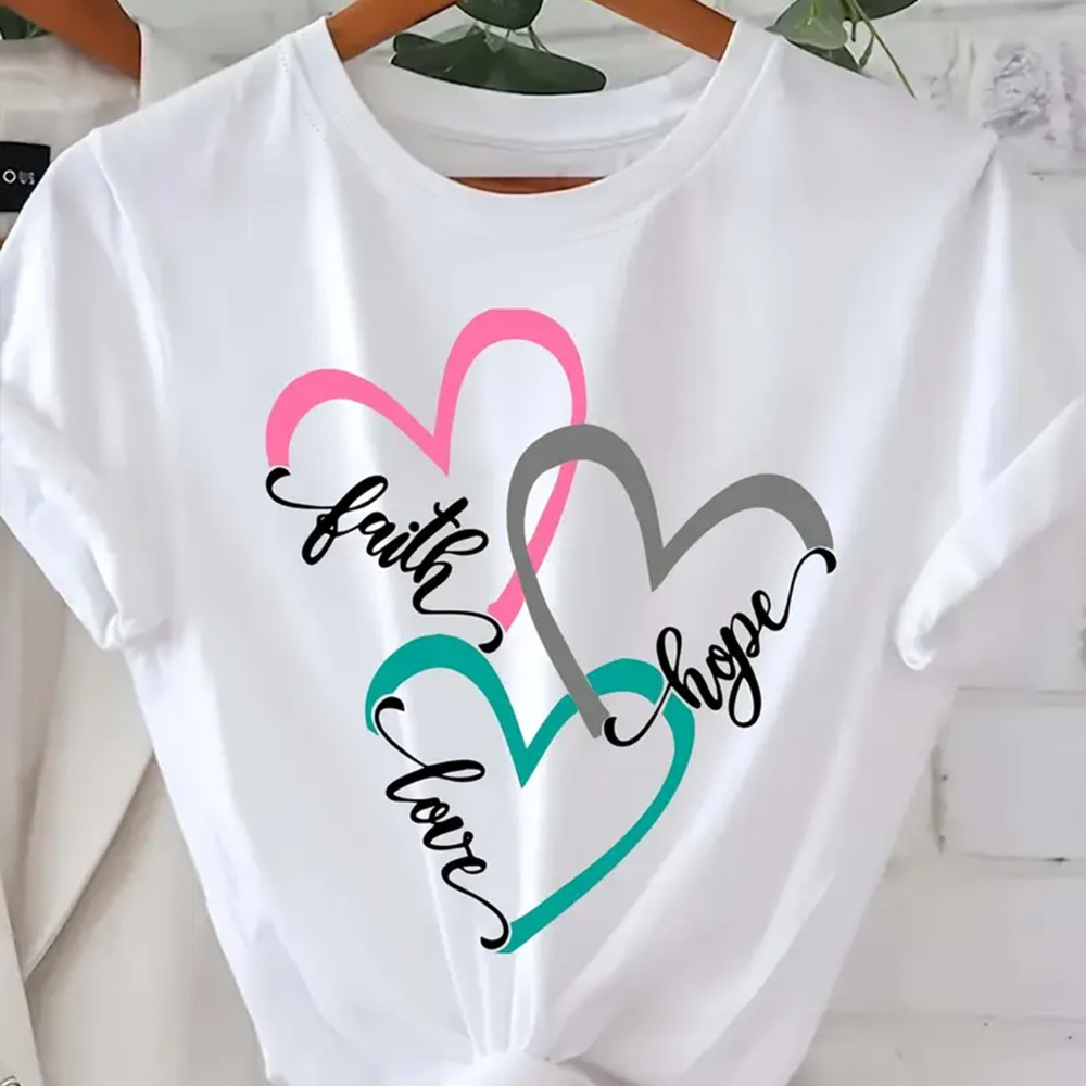 

Faith In Love Hope Letters Printed T-shirt, Short-sleeved Crew Neck Casual Top, Polyester Spandex , Regular Length, All , Knitted Fabric