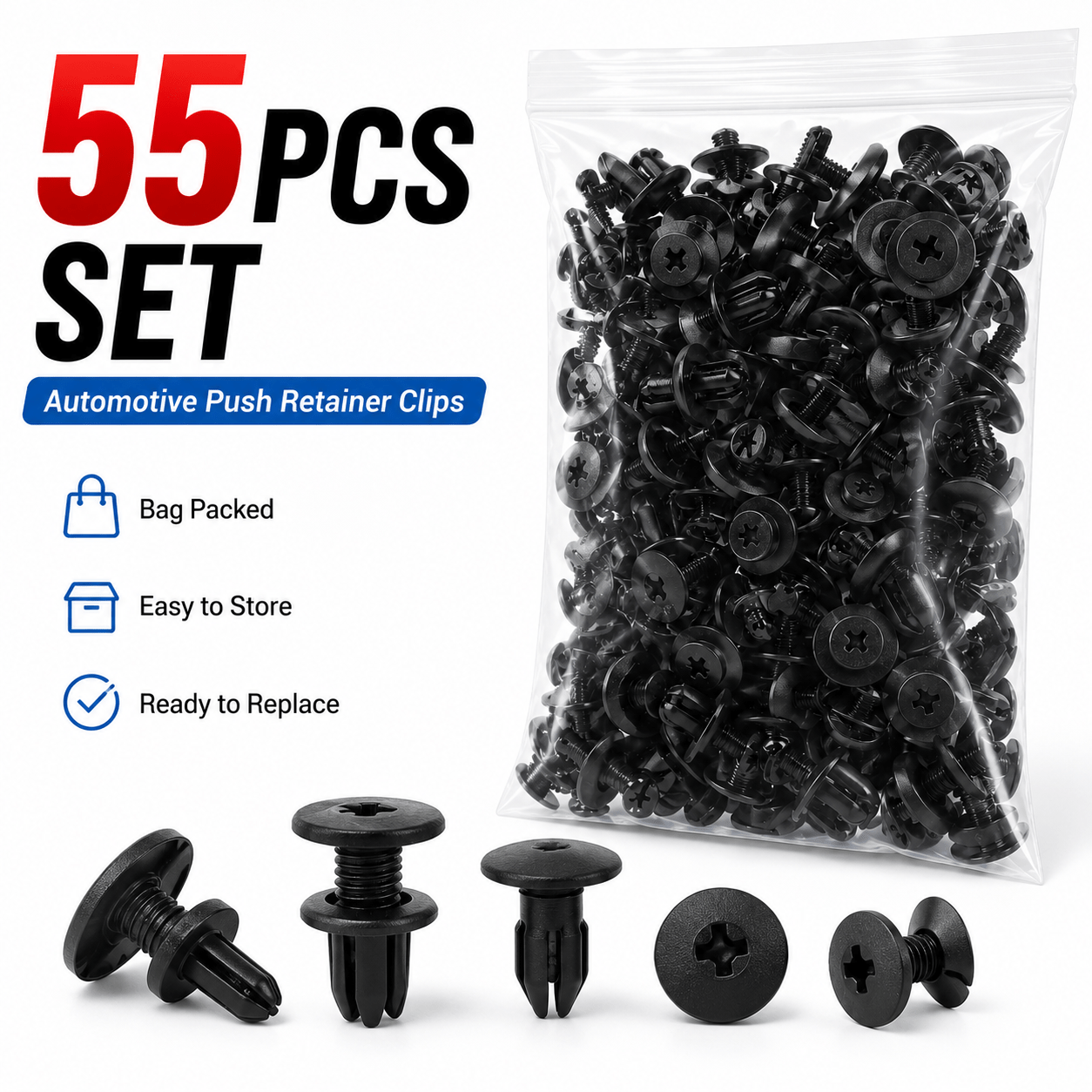 TEMU 55pcs Automotive Push Retainer Clips, Black Plastic Screw-type Fasteners For Bumper, Fender Liner, Engine Cover, Interior Trim Panel & Vehicle