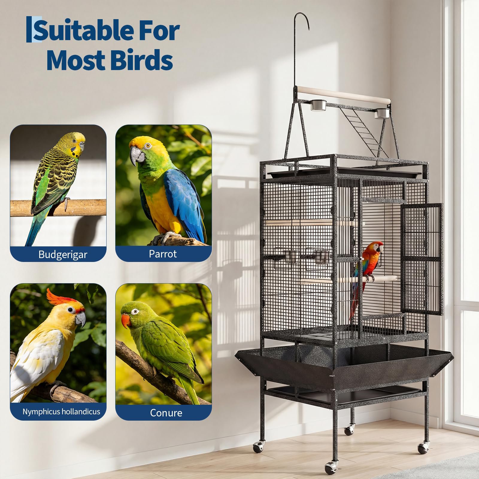 82" Rolling Bird Cage with Play Top And Rope Perch, Large Parrot... product image 4