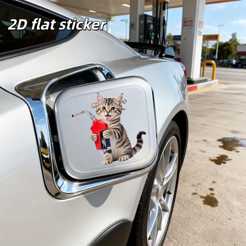 2d Flat, 1pc A Small Striped Kitten With Light Brown And , Large , Tongue, Holding Red And Silvery Fuel Nozzle, Golden Circular Earrings, 2d Flat Sticker Car Fuel Tank Cap Sticker, Car Decal, 2d Flat