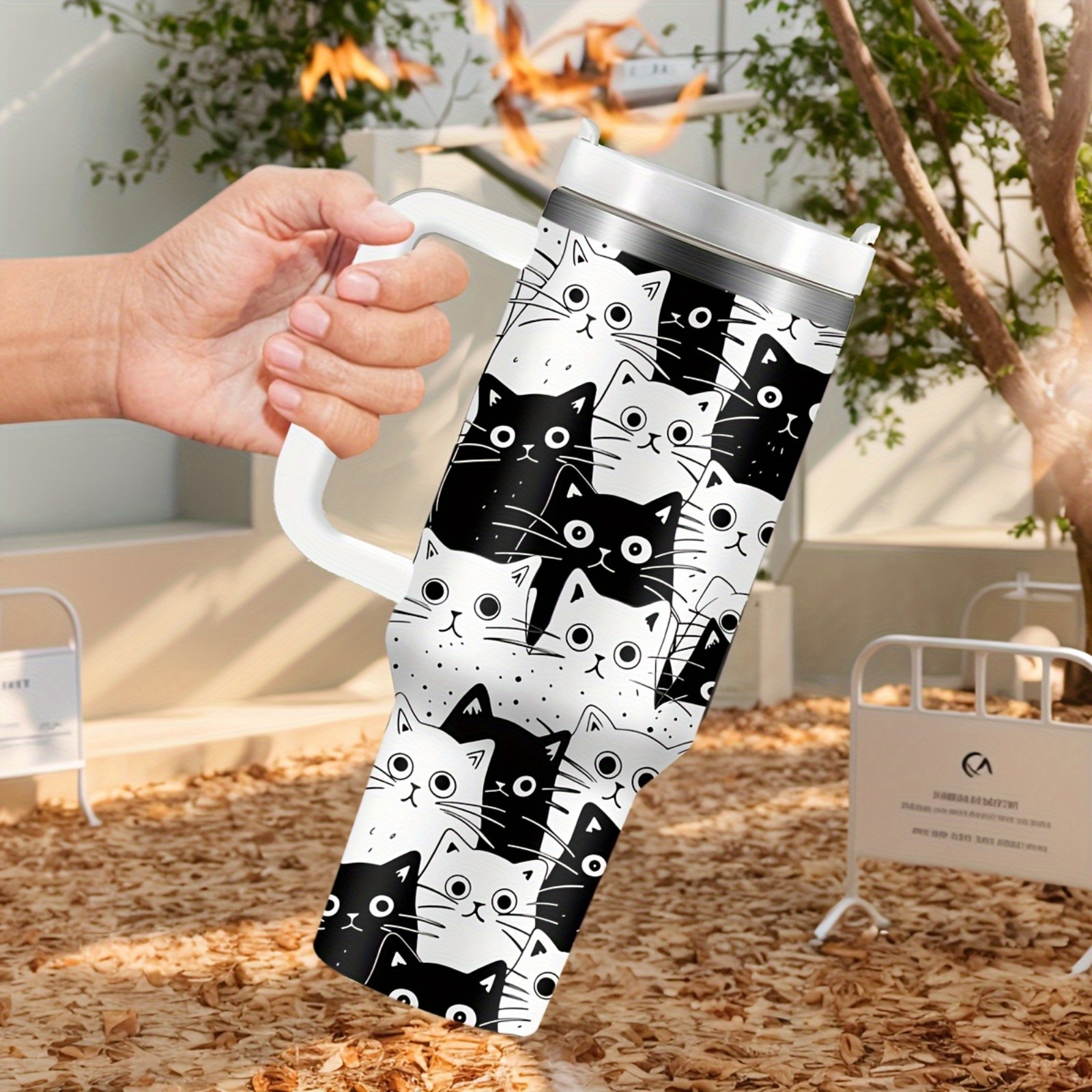 

40oz Black Cat - Stainless Mug With Handle, Ideal Gift For Cat Lovers, 304 Stainless Steel, Hand-wash Only, Oval Shape With Straw, Pvc-free, Coffee Cup