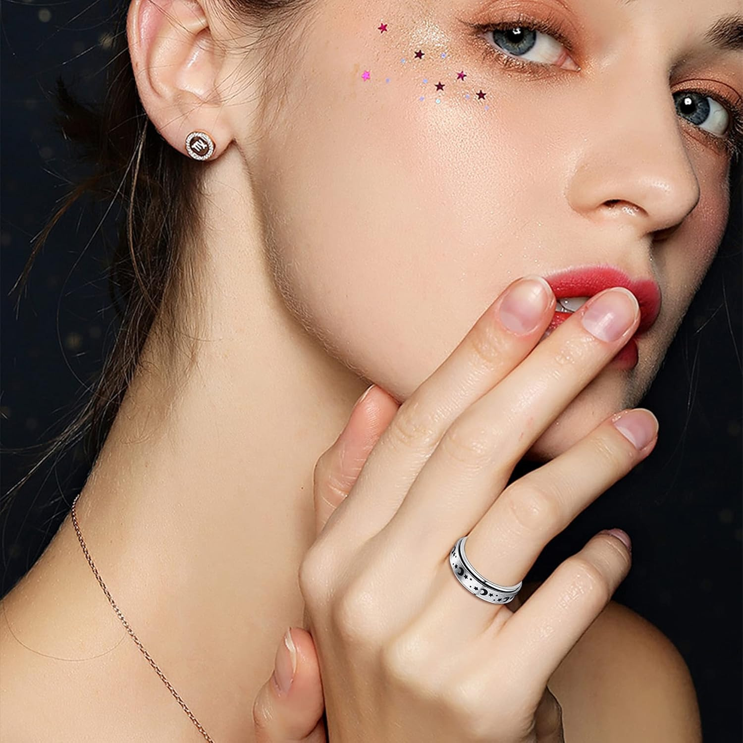 5pcs stainless steel spinner rings for women and men fidget rings with   star   designs jewelry for festivals parties and casual attire cute ring Product details 0