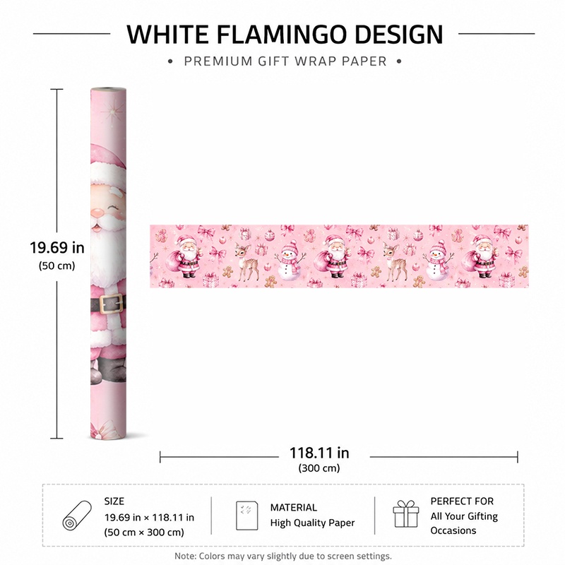 TEMU 1 Rol 50X300Cm (19.7X118.1In) Frosted Cadeaupapier voor Kerstfeest, Winter Cadeaupapier met Kerstman met Cadeaus en Roze Strikken op een Zachte