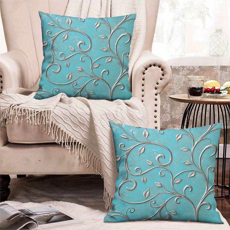 TEMU 2pcs Elegant Teal & White Floral Embossed Throw Pillow Covers Suitable For Living Room, Bedroom, Sofa Decor - Soft Short Plush Texture, Zippered