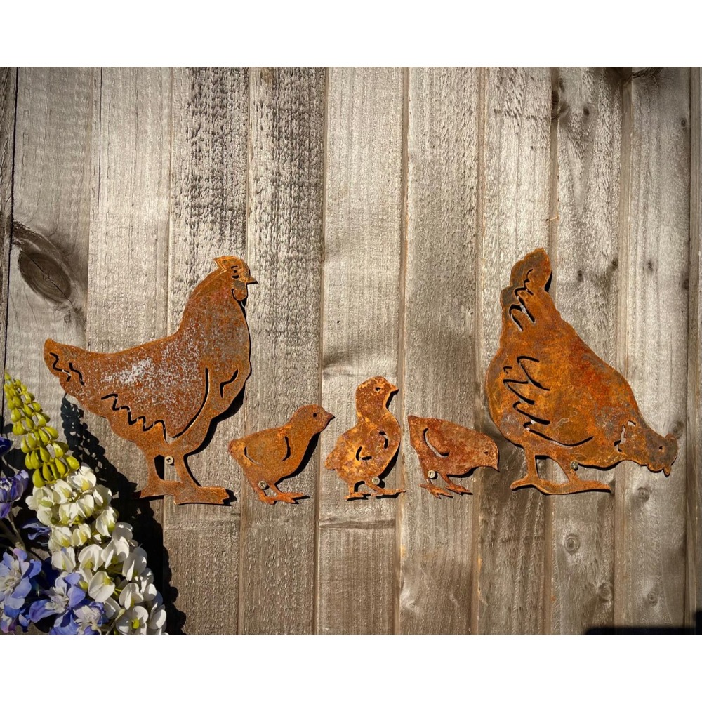 Image of Exterior Rustic Rusty Metal Chicken Family Hen Chicks Farm Animal Eggs Garden Stake Yard Art Flower Bed Sculpture Gift