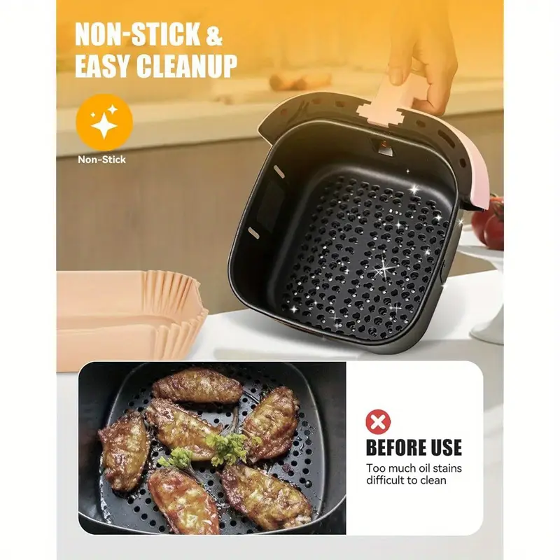 130pcs nonstick air fryer liners for 6-quart & 8-inch fryer - food grade disposable parchment paper baking inserts, bleach-free, easy , compatible with square air fryer, kitchen & restaurant use, air fryer accessories, kitchen essentials, easy liners, durable kitchenware, fryer basket liners & bags Product details 4