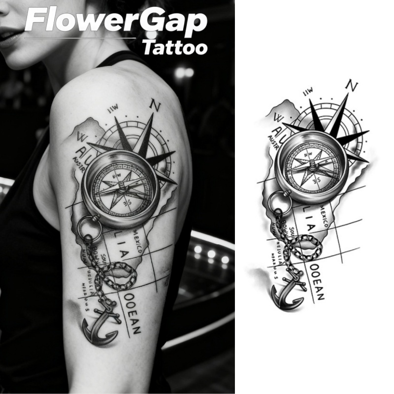 Long-lasting 1-2 Weeks Temporary Tattoo Sticker- Nautical Compass Rose And , Halloween, Christmas, Festive Body Painting- Easy To And Stick