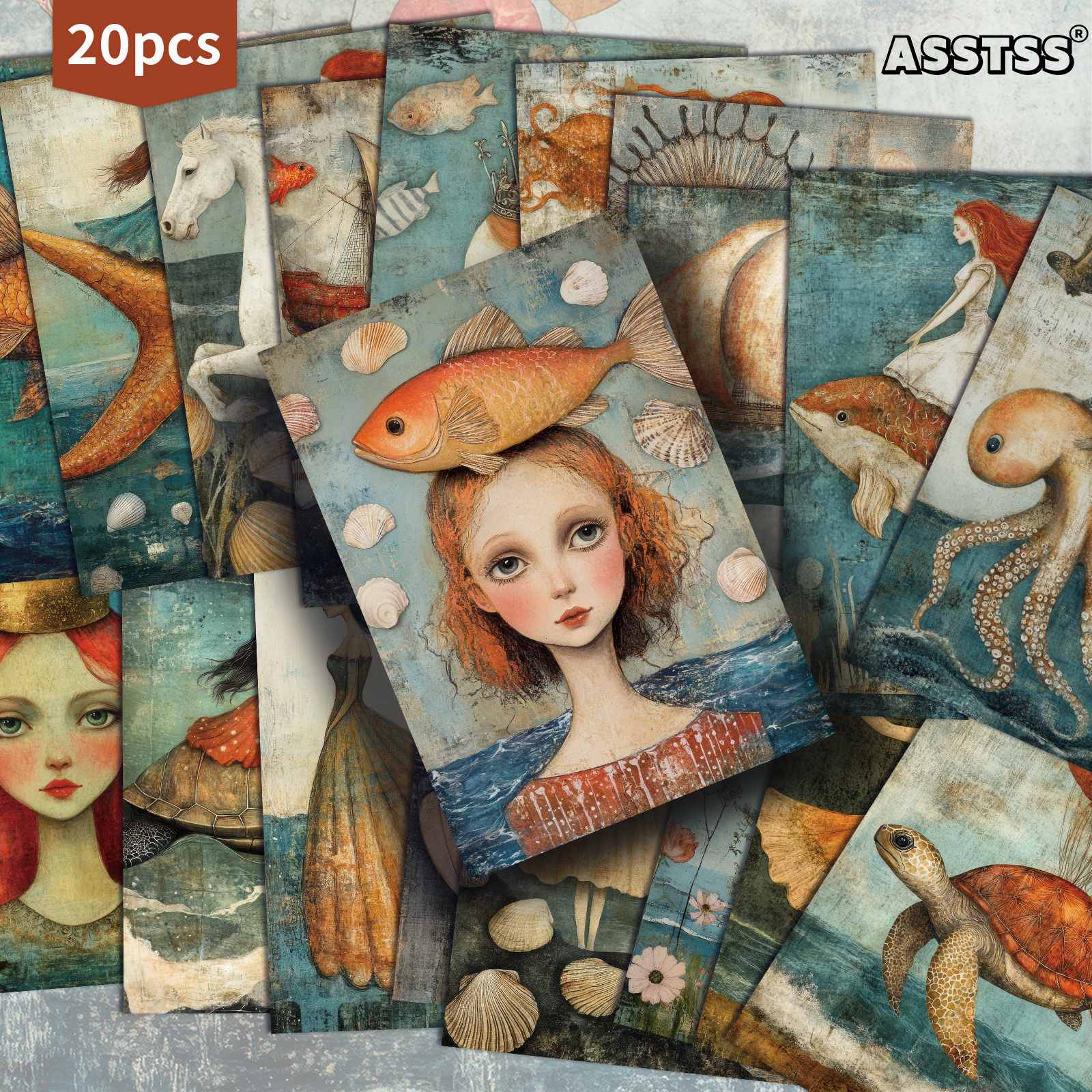 TEMU 20-Pack ASSTSS Fantasie Oceaanwezens Nautisch Thema Cadeaukaart - 4x6 Inch Junk Journal Papier Klassieke Pinup Illustraties Verzamelbare