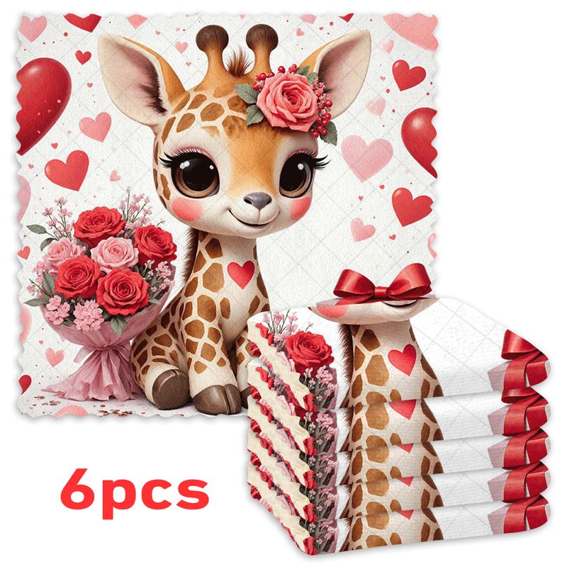TEMU 6-pack Cute Giraffe Kitchen Dishcloths - Reusable Microfiber Cleaning Towels With Thick Flock, Square Dish Wash Cloths Suitable For Home &