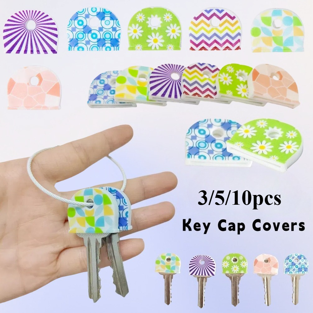 3   pack silicone key caps colorful floral random pattern key covers with lines flowers circle pattern novelty design flexible key identifier quick identification durable material   keychain additions great for door keys