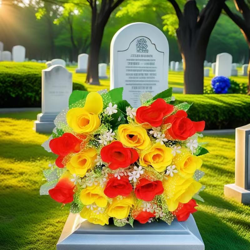 

1 Bunch Of 18 Vibrant Artificial Roses - Non-fading Plastic Flowers, Outdoor Cemetery Decorations, No Power Needed, Ideal For Memorials And Graveyards, Cemetery Decorations For Grave