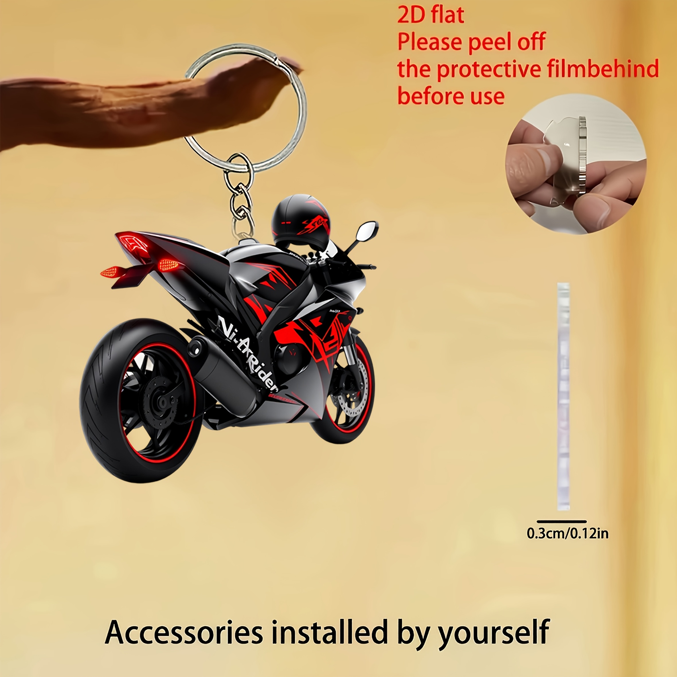 TEMU [2D Flat] [2D Flat] 2D Flach 1 Stück Flacher Acryl Cooler Schwarzer Und Roter Motorrad Schlüsselanhänger, Schlüsselring Anhänger, Acryl