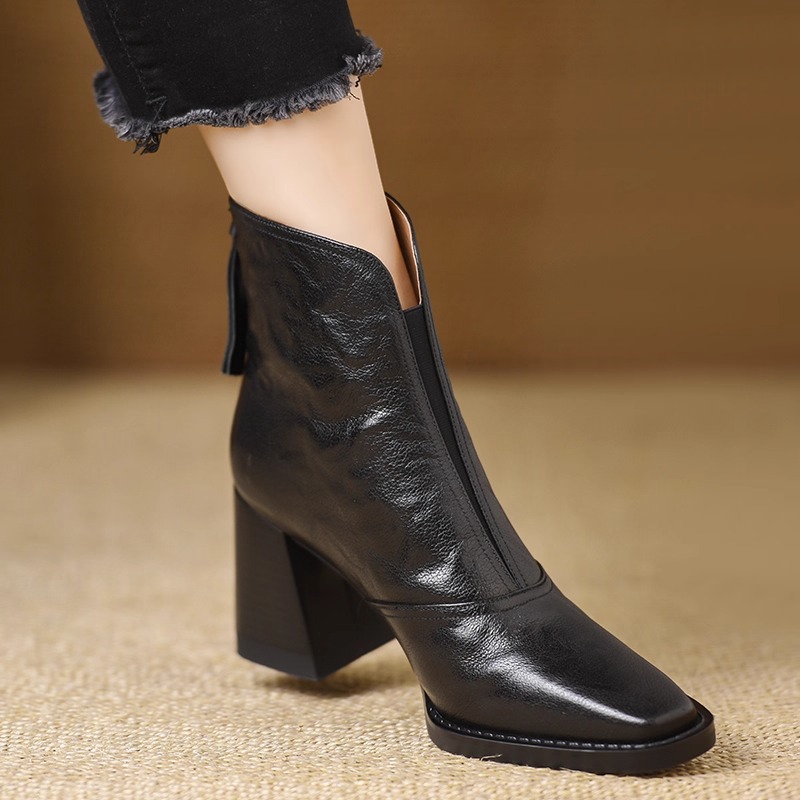 Image of Women' Toe Block Heel Ankle Boots Textured For A Minimalist And . Featuring Stacked Block Heels, Retro Style Shoes Are Suitable For Office Work And Daily Outfits., Women Shoes