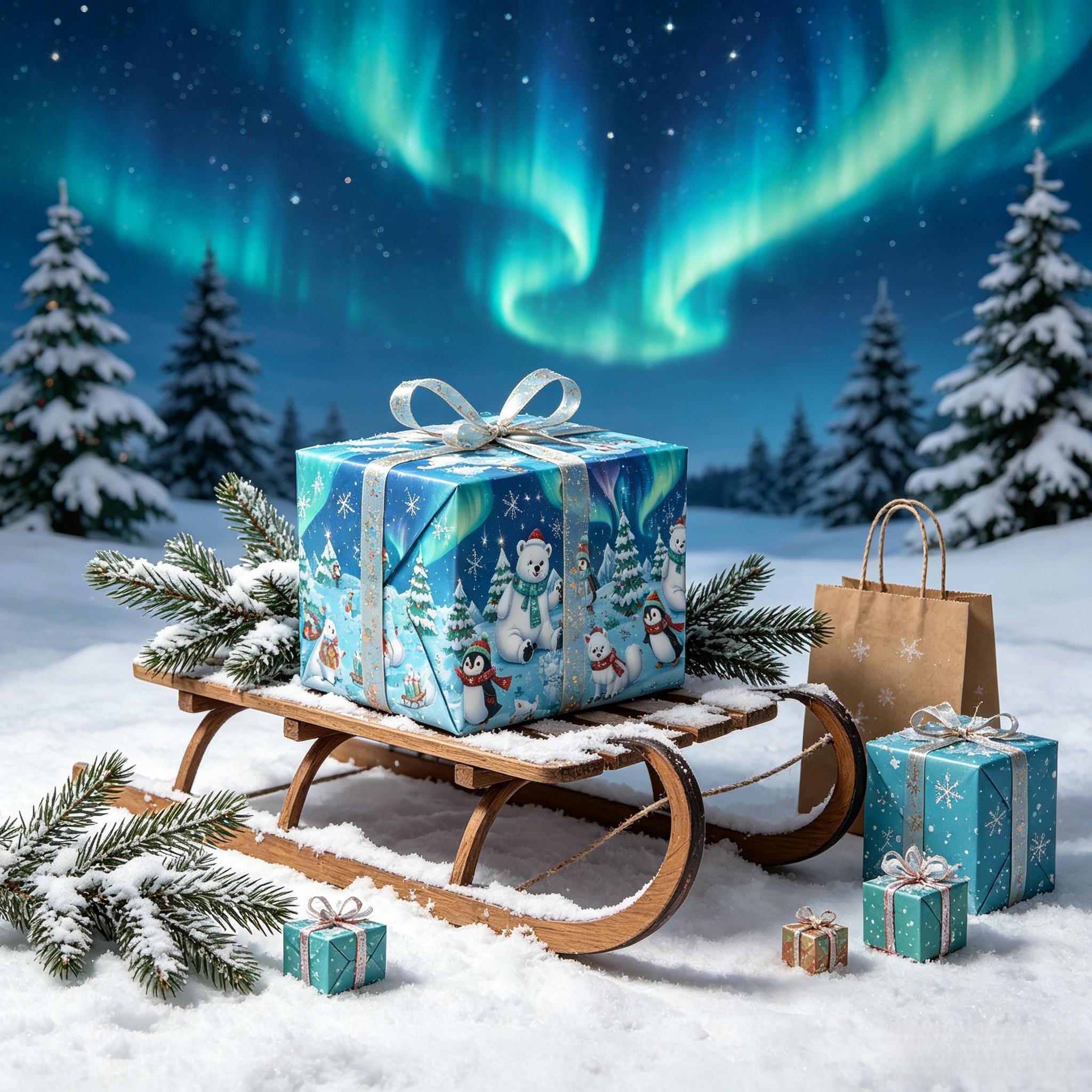 TEMU Carta da regalo natalizia 17"x118" con aurora boreale e creature , invernale con innevata, orso polare, , volpe, rotolo grande festivo per