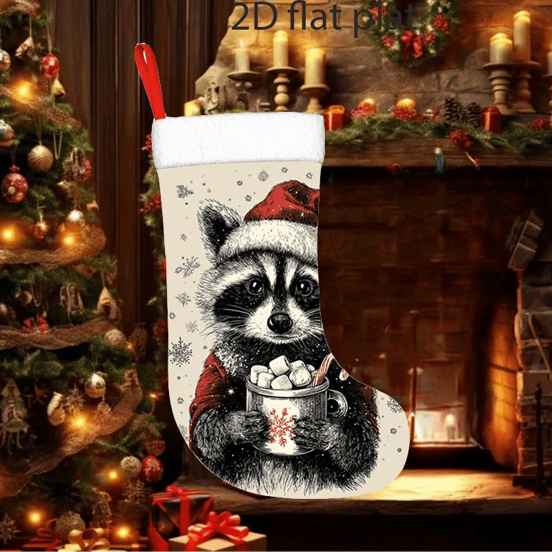 TEMU 1pc A Cute, Fluffy Raccoon Wearing A Santa Hat, Perfect For A Vintage Holiday Decoration. This Durable Christmas Stocking Is Ideal For For Charm