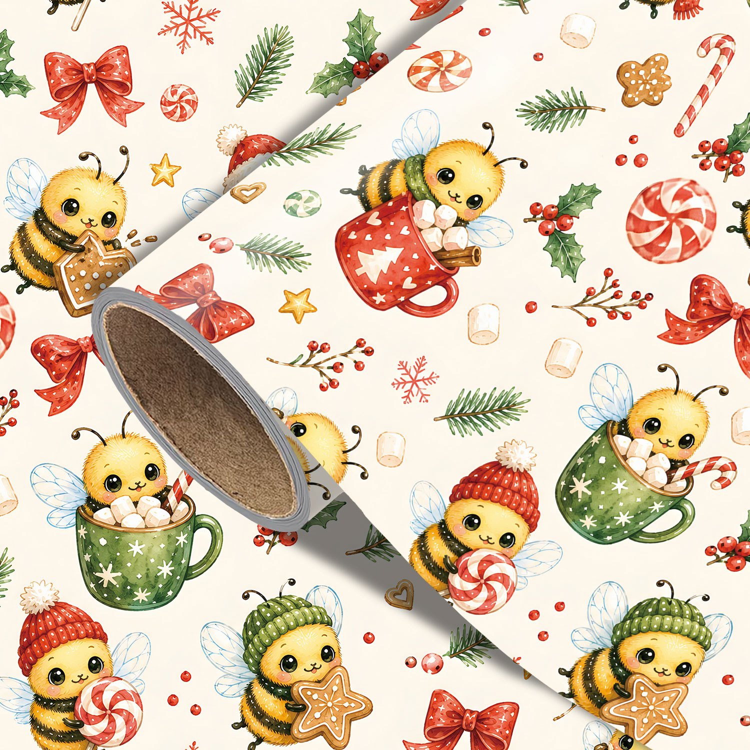 TEMU Roll Of Cute Christmas Wrapping Paper Suitable For Xmas Gifts, Birthdays & Party Decorations - Adorable Bee, Gingerbread, Candy Cane & Patterns
