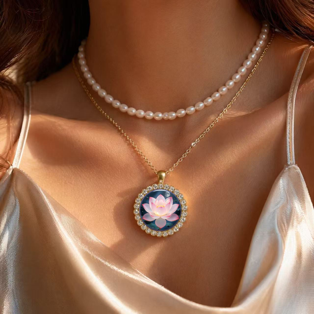 2D Design Pink Lotus on Blue Background Pendant Necklace