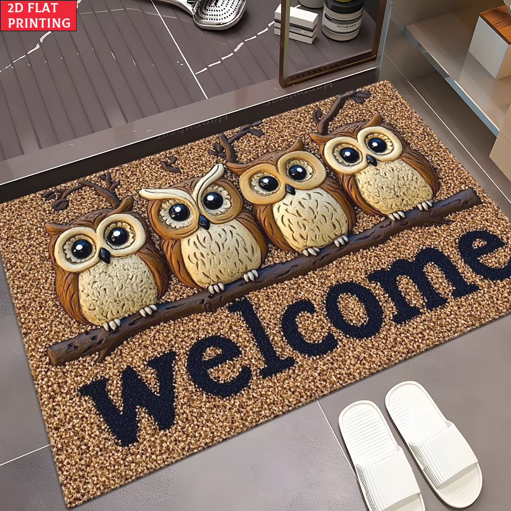TEMU 2d Flat, 2d Flat 1pc 850gsm Velvet Owl Trio Bathroom Rug, Outdoor Rug, Bath Mat, Microfiber Absorbent Machine Washable Rug For Bedroom, Living