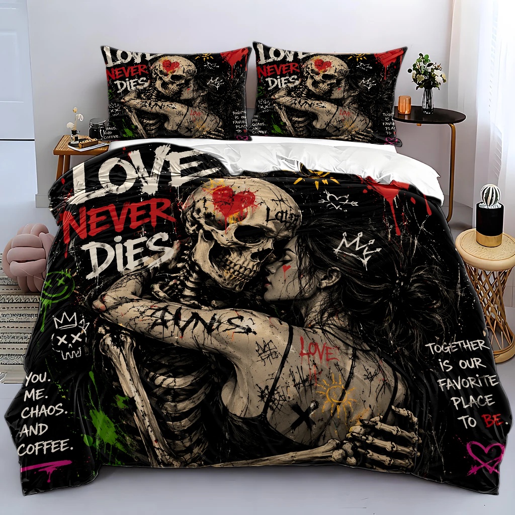 TEMU Graffiti Style Couple Pattern Duvet Cover 3pcss Set, Bedding 3pcss Set (1 Duvet Cover And 2 Pillowcases), , Machine Washable, Hidden Zipper