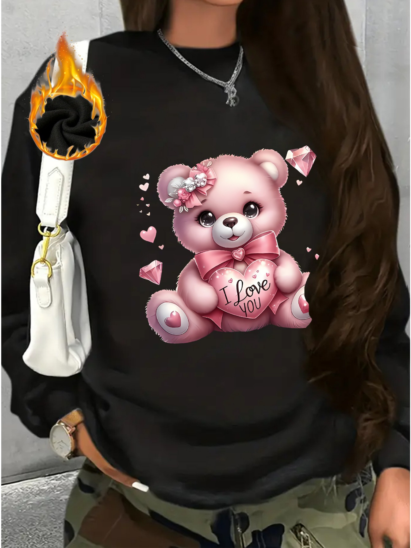 Women's Pink Cartoon Bear Print Fleece-Lined Sweatshirt Long Sleeve  Crewneck Pullover with &*;I Love You&*; Graphic Clothing for