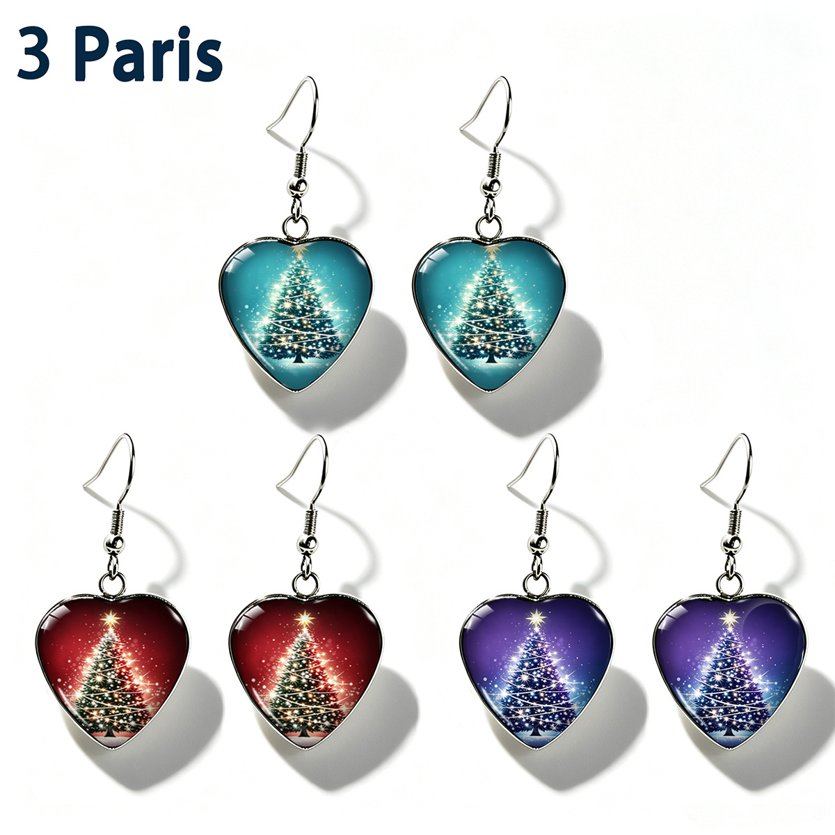 TEMU 3 Paires de Boucles d'Oreilles de Cœur avec Impression Arbre de Noël Étoilé Violet, Ensemble de Boucles d'Oreilles de Noël Unisexe en Acier