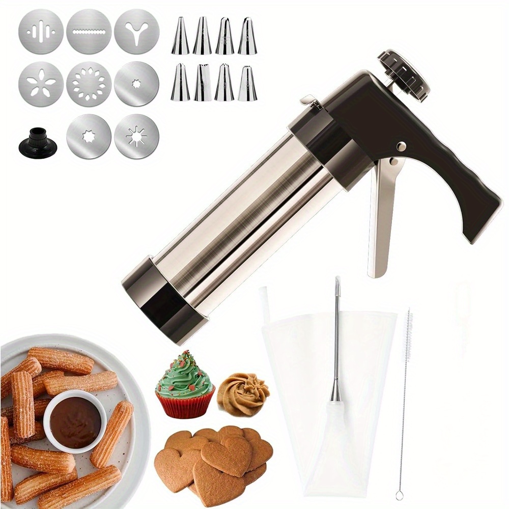 1 Set Máquina de Churros de Acero Inoxidable, Máquina de Donas y Prensa de Galletas con Forma de Fruta Occidental/Latina, Prensa Manual de Churros con Bolsa de Piping y Agujas Largas de Llenado, Set de Máquina de Churros – Herramientas y Equipamento de Cocina para Hogar