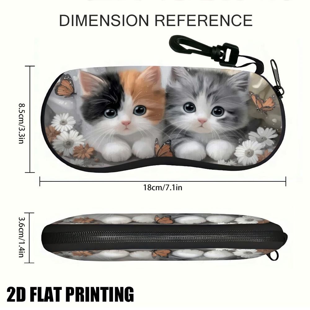 TEMU Étui à lunettes plat 2D à fermeture éclair 1 pièce, Chaton et papillons, Léger et portable, Idéal pour un usage pour hommes et femmes, Plat 2D
