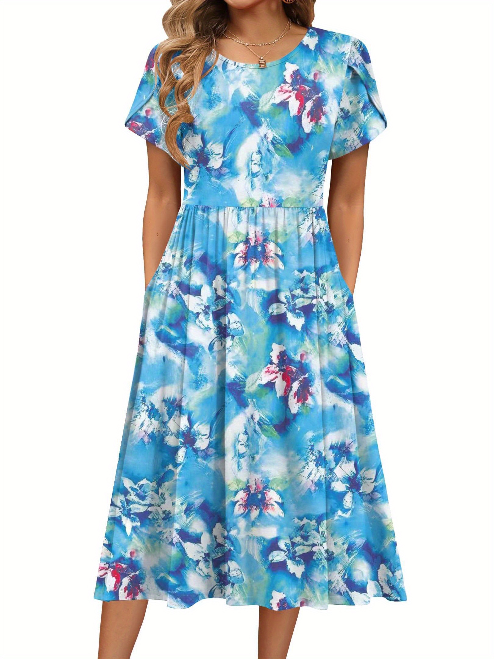 * Women'S Summer Short Sleeve A-Line Midi Dresses Casual Floral T-Shirt  Dress Flowy Beach Sundress with Pockets