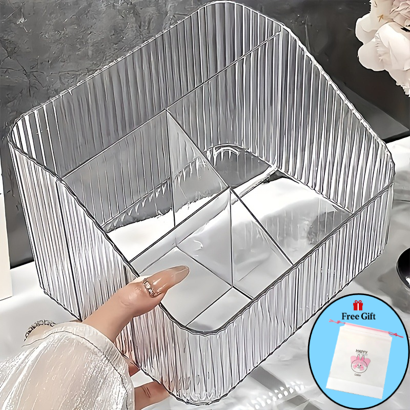 TEMU 2pcs Set: 1 X 3/4-section Transparent Cosmetic And Bathroom Storage Box + 1 X Storage Pouch - Freestanding Countertop Storage Box With Divided