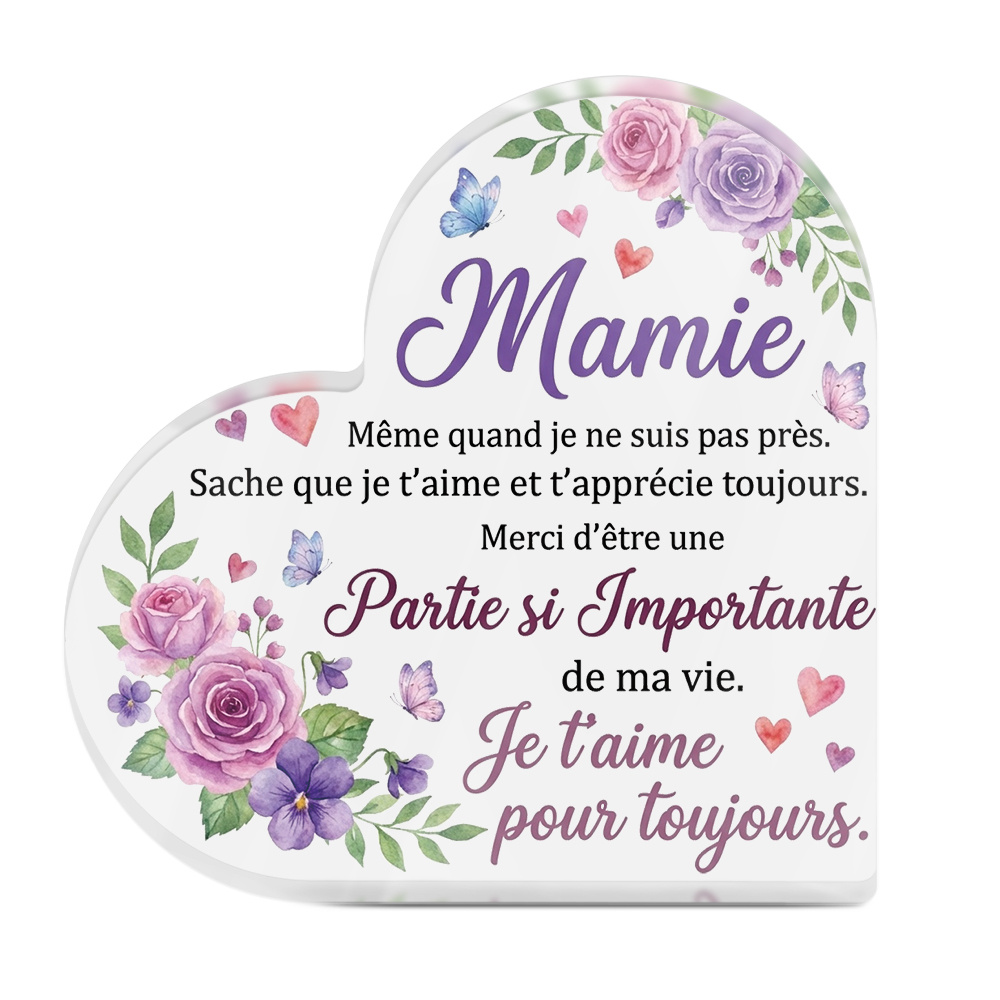TEMU Plat 2D, 1 pièce PUTUO DECOR Panneau de Table Acrylique de Cœur avec Française "Mamie" Décoration de Mur Convient , les - Cadeau Moderne en