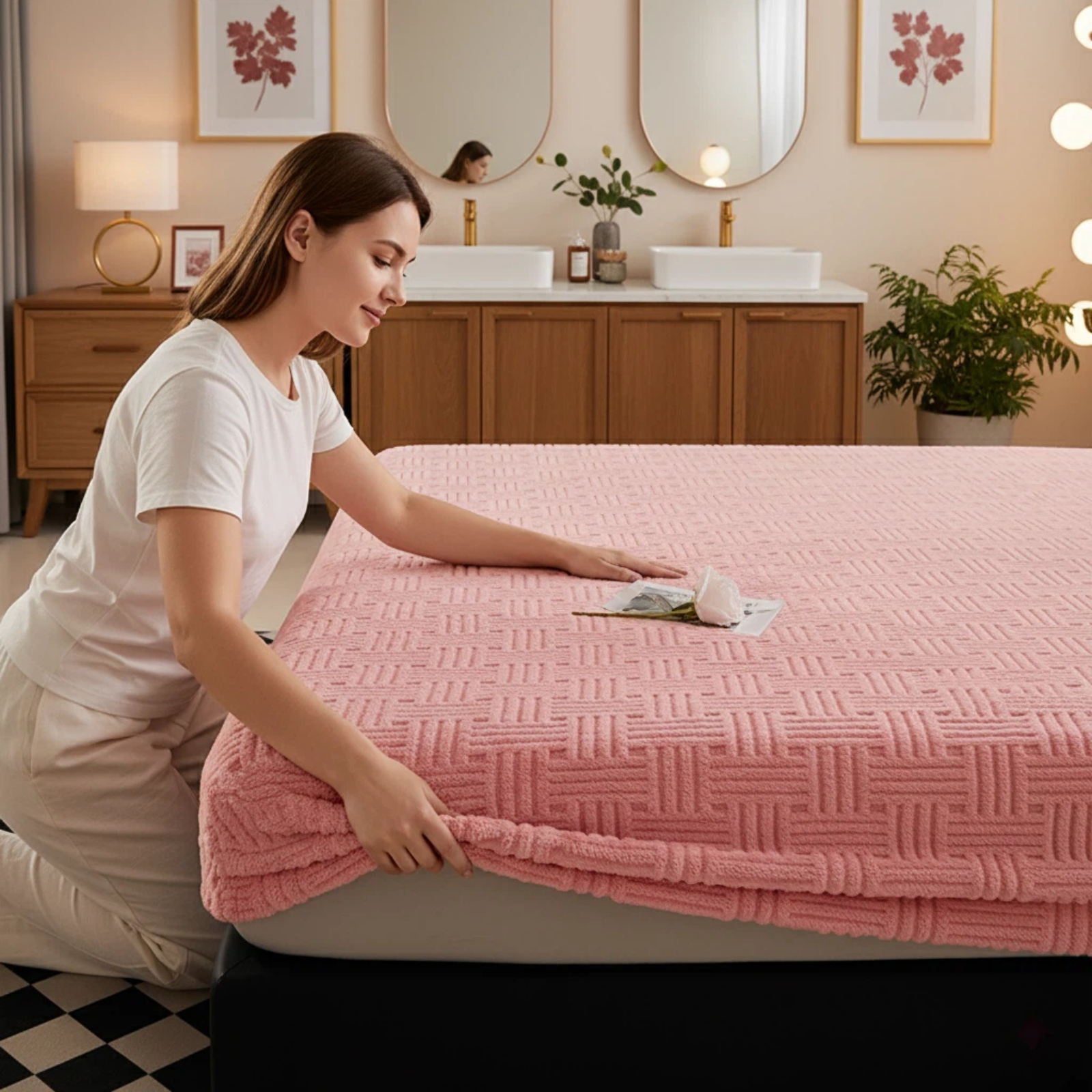 Image of Stylish Bedding Cross Stripe Fitted Sheet Textured Pattern Super Soft Cozy Deep Pocket Fade Proof Wrinkle Resistant
