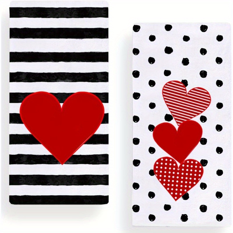 

2-pack Contemporary Valentine's Day Kitchen Towels, 18x26 Inch Soft Polyester Dish Towels With Heart And Polka , Machine Washable Rectangular Hand Towels For Wedding Anniversary Decor