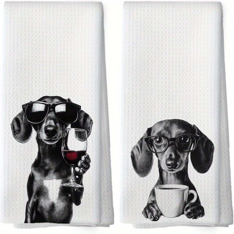 Image of 2pcs Dachshund Kitchen Towels - Funny Dachshund With Wine & Coffee , Black & White Sausage Dog Themed Hand Towels For Pet Owners, Machine Washable Tea Towels For Or Restaurant Use (18"x26")