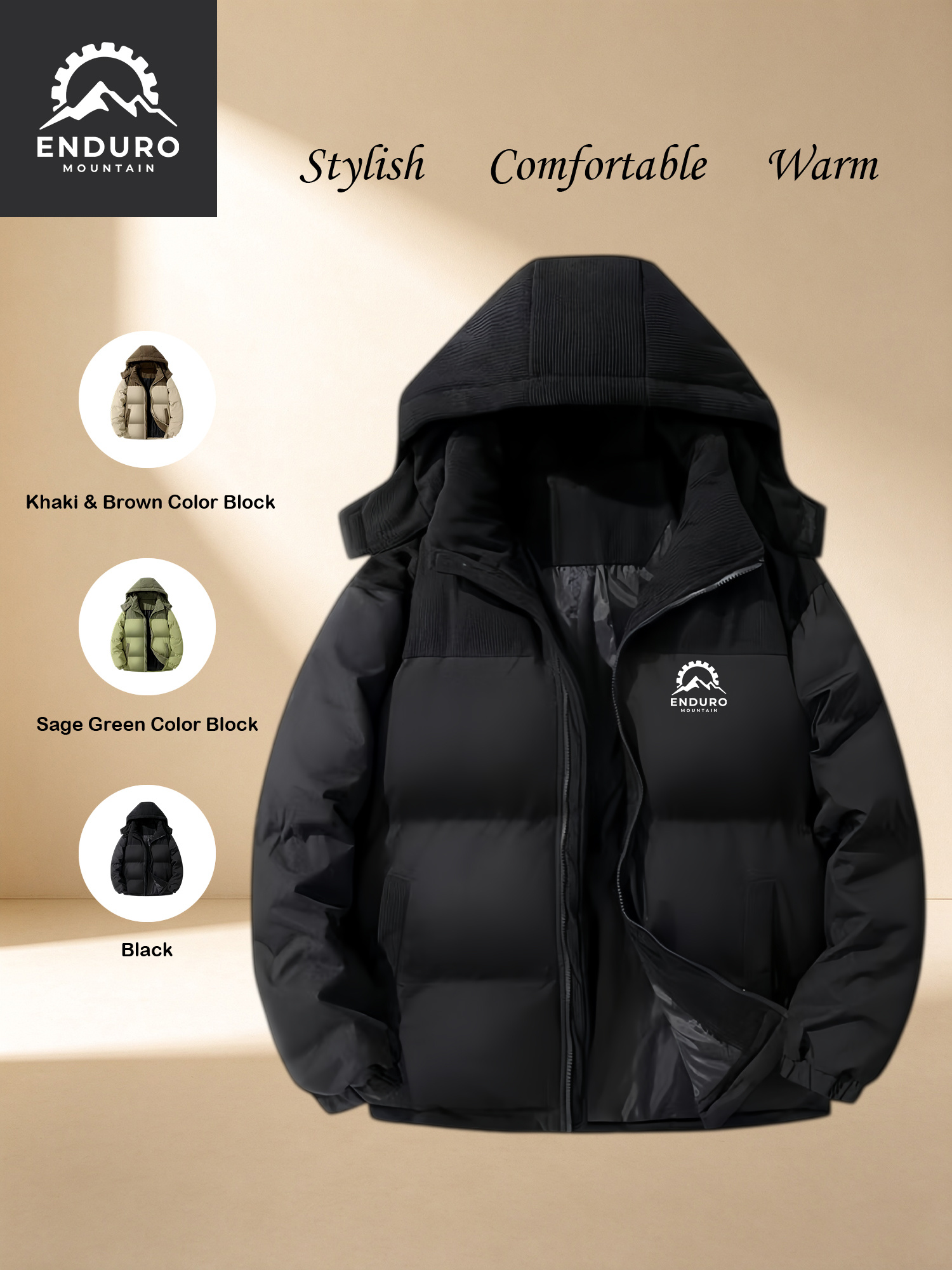 Men's Winter Hooded Corduroy Jacket with Mountain Pattern Print