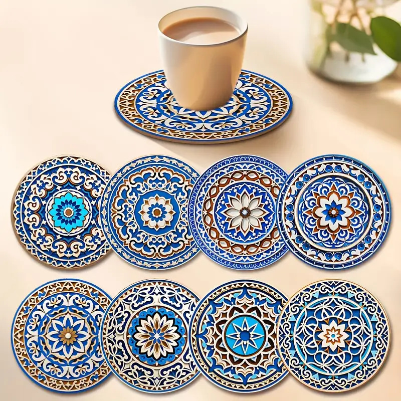 TEMU Lot de 8 sous-verres en bois sur le thème marocain, adaptés à la décoration, protège-tables antidérapants avec marocains, décorations de table à