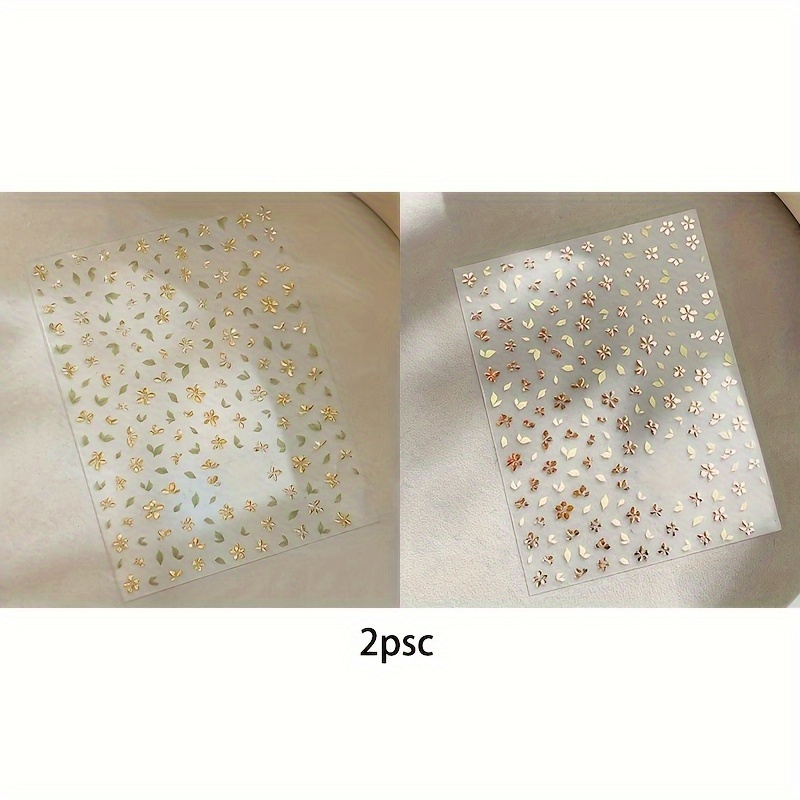 Image of 2pcs Of Hot-pressed Green Nail Stickers, Self-adhesive Nail Decorations In Golden And Light Rose Golden, Floral Nail Art For Beauty Enthusiasts