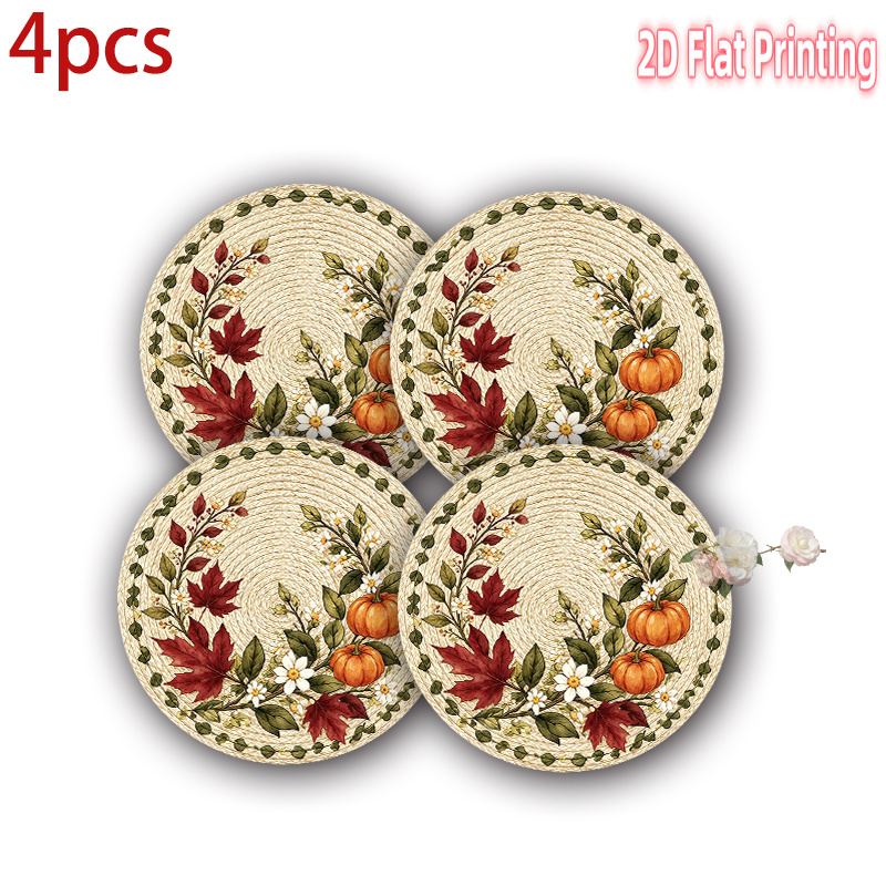 TEMU 4-6-8pcs 2d Printed Placemats Rustic Floral Pumpkin Leaf Beige Pattern-15 Inch Polyester Washable Durable Table Mats, Decor For Home, Wedding,