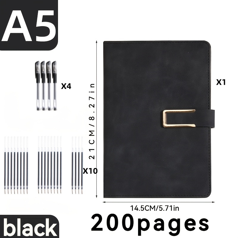 TEMU Ensemble de 15 pièces (1 carnet A5 -épais et 4 stylos et 10 recharges) Journal de d'affaires de 200 pages pour étudiants et professionnels,