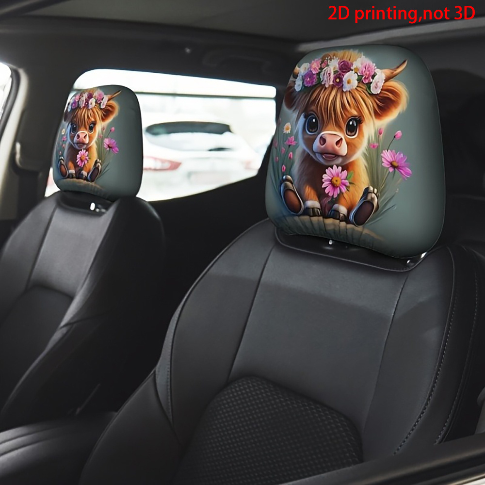 TEMU 2d Printed, 2pcs Double-sided Printed Cute Floral Wreath Highland Cow Car Headrest Covers, Car Interior Decorative Protective Covers. Suitable