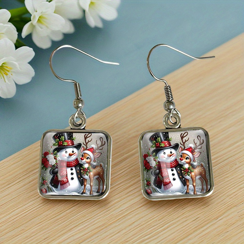 TEMU Fashionable Handmade Earrings Featuring Fun Snowman And Christmas Reindeer Patterns, Perfect As A Gift, Without Battery