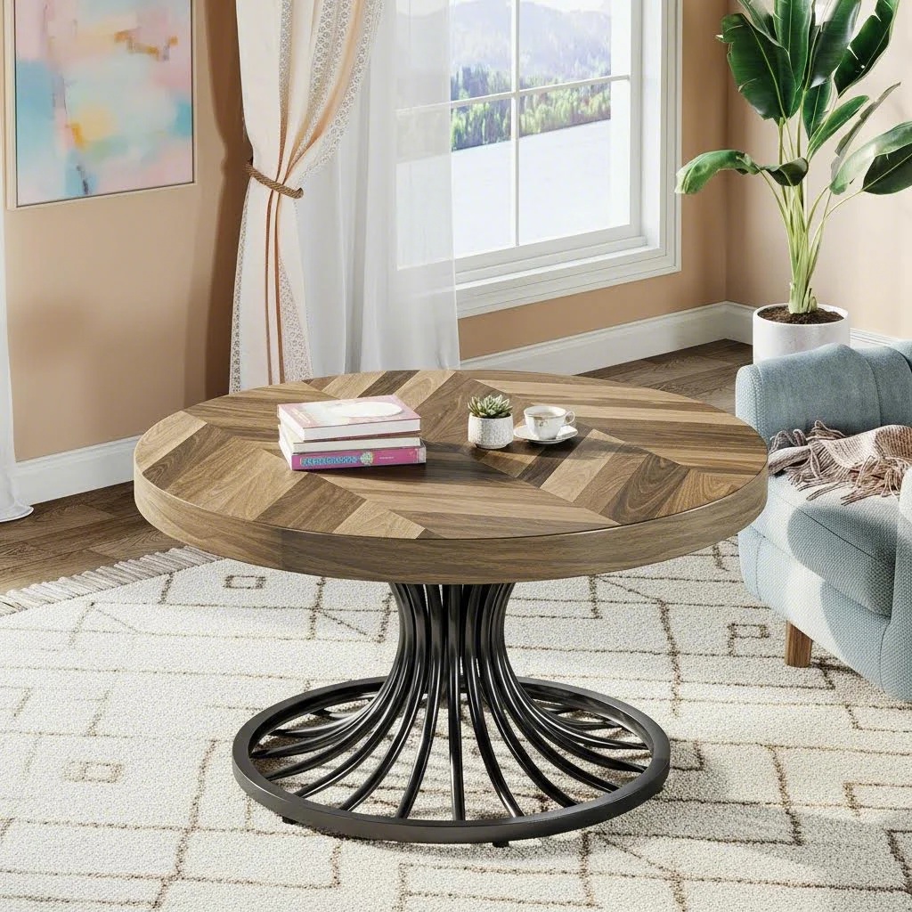 Round Wood Coffee Table, -inch Farmhouse Circle Coffee Table With Stylish Metal Pedestal, Industrial Unique Coffee Table, Table For Living Room, Rustic Brown And Black