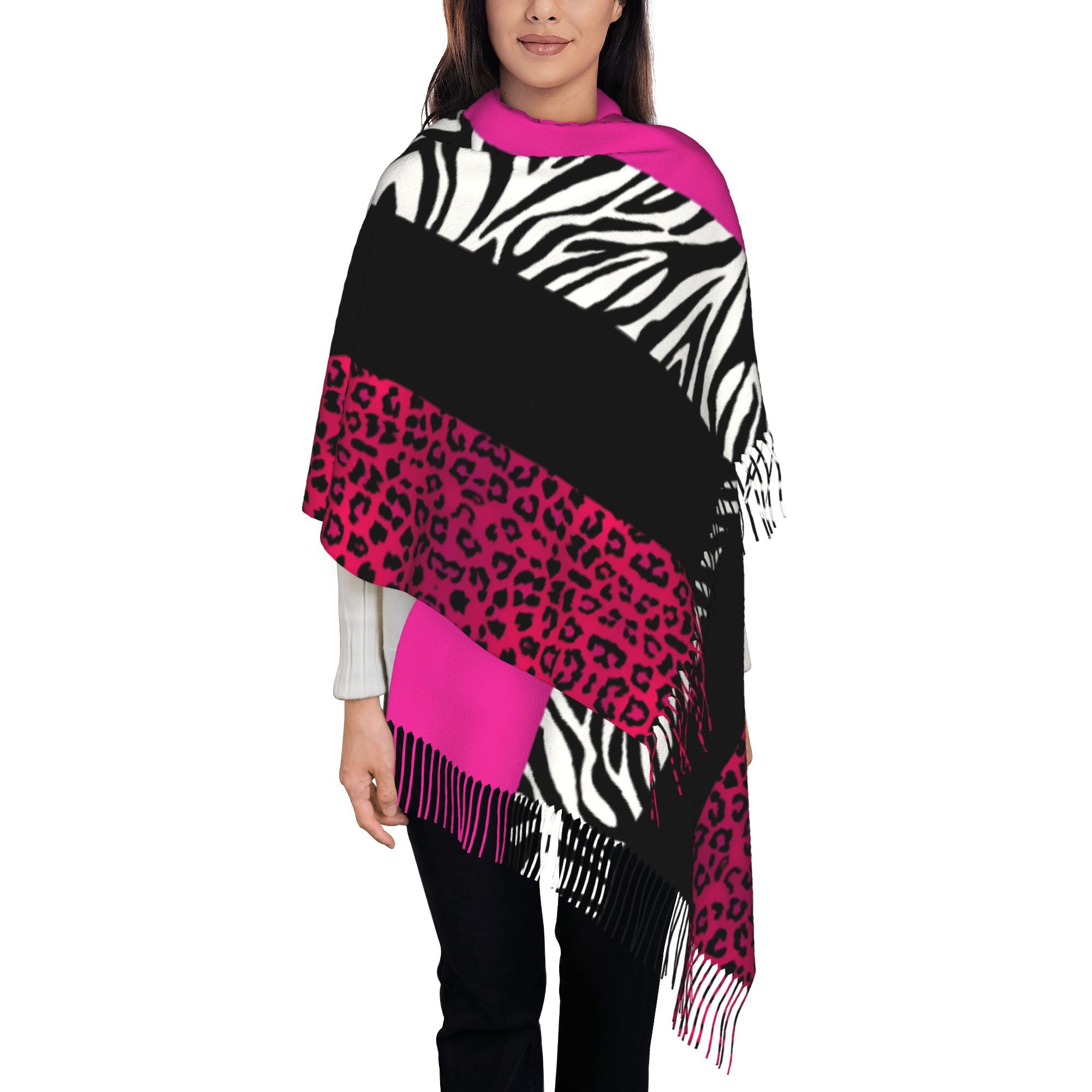 TEMU Hot Pink Zebra And Leopard Animal Print Stripes Unisex Fringed Scarf Shawl Print Warm Perfect For Cycling Birthdays Christmas New Year Gifts