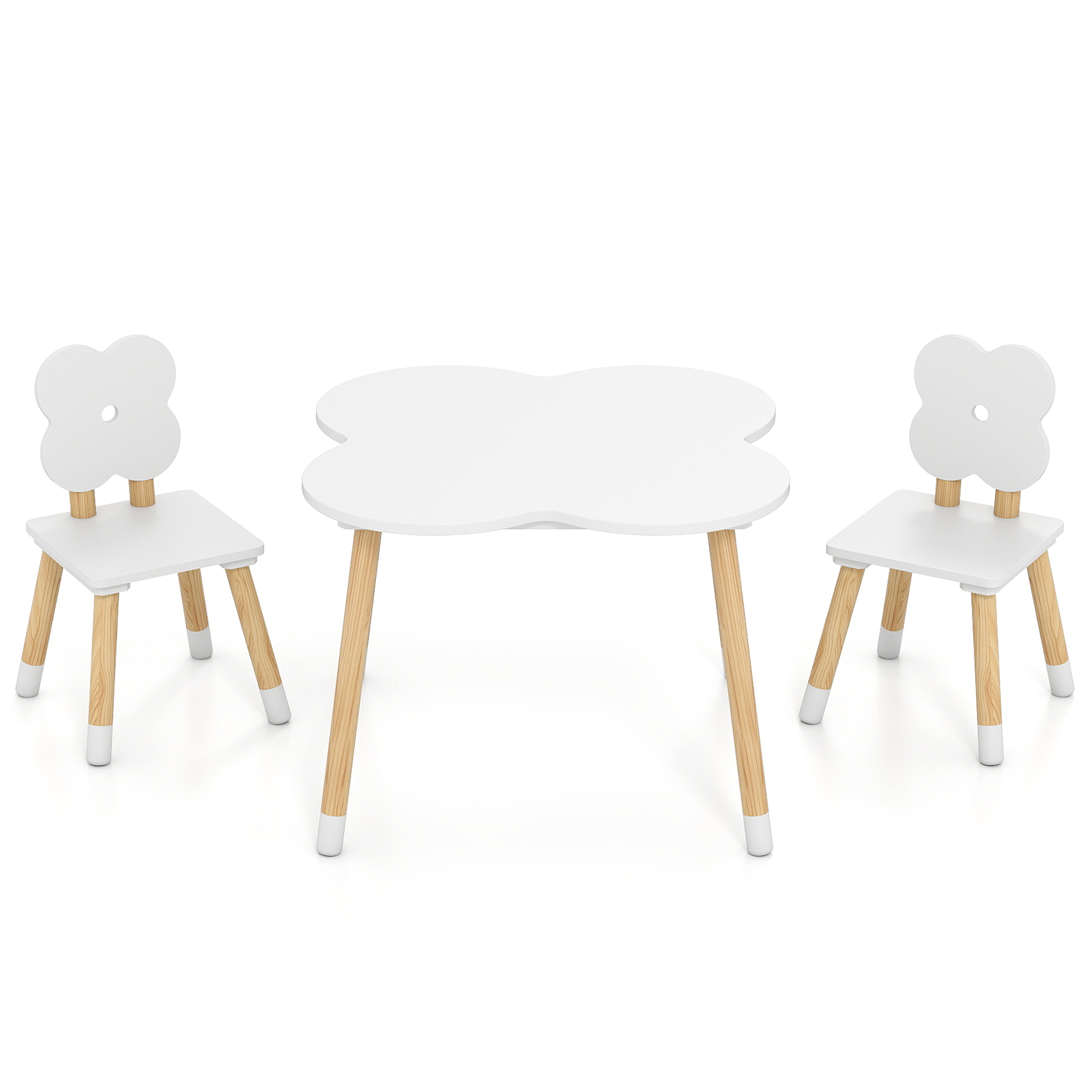 Flower-shaped Kids Table Set, Wooden Children Play And Activity Table With 2 Child-sized Chairs, Solid Pine Wood Legs, Table For Arts & Crafts For 3+ Years Old Kids, White And Natural